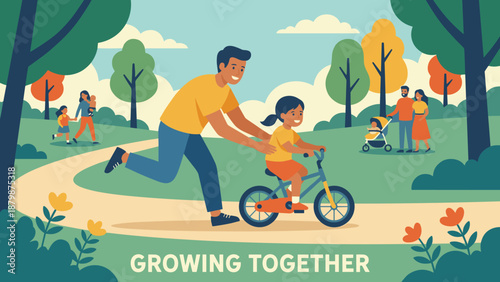 Father teaching daughter to ride bike. Flat vector illustration. Dad helping girl. Family outdoor activity. Parenting bonding. Child learning cycling. Happy childhood. Active summer.