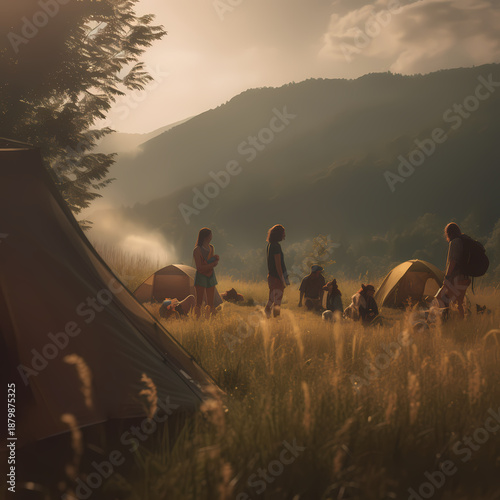 A silhouette of a woman and sheep in the desert and horses in the mountains under a sunset sky captures the freedom of a nature landscape adventure at dusk