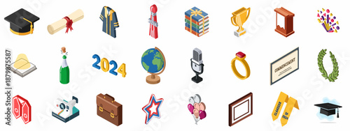 Isometric Graduation and Commencement 2024 Icons Set: Including Cap, Diploma, Trophy, Books, Champagne, and Academic Symbols for Celebration.