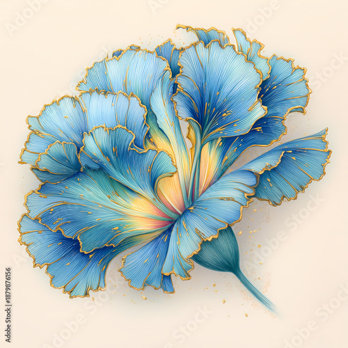 A closeup of a blue flower in bloom with delicate petals and leaves in a natural garden setting white background