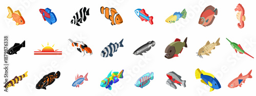 Diverse collection of isometric fish icons, featuring aquarium pets, freshwater, and marine species on a white background.