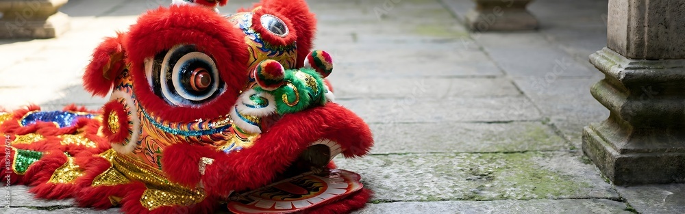 Obraz premium Vibrant Chinese Lion Dance Costume on Stone Pavement