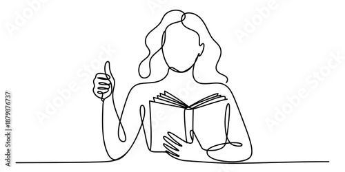 A young woman reading a book gives a thumbs up in a continuous line art drawing style Vector, illustration