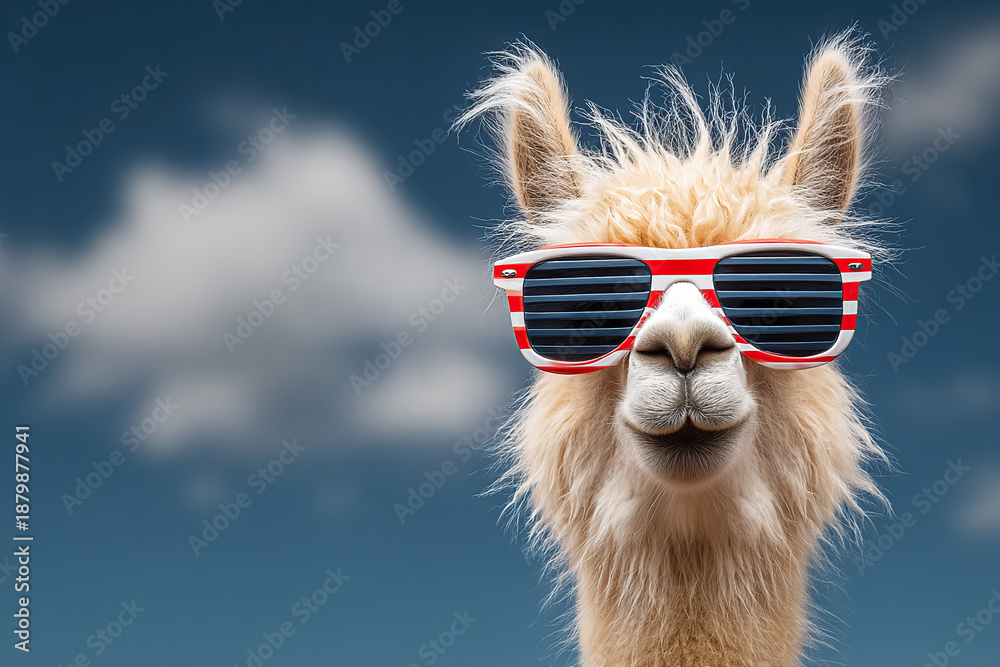 Obraz premium Llama wearing trendy red sunglasses outdoors