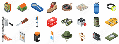 A comprehensive isometric icon set featuring essential gear for camping, hiking, and outdoor adventures, isolated on white.