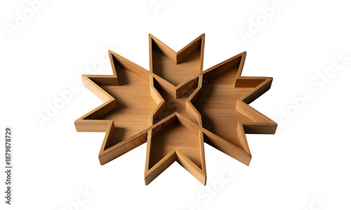A wooden star-shaped dish with multiple compartments on a transparent background