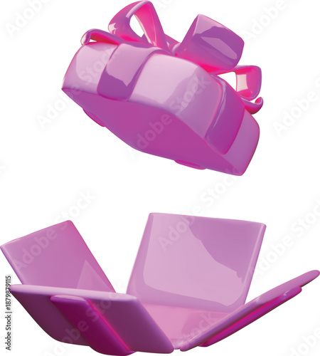 3D open pink gift box with ribbon bow vector icon, realistic festive present surprise unbox package with flying lid