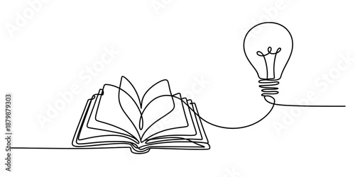 Continuous line art drawing of an open book connected to a light bulb representing inspiration Vector, illustration