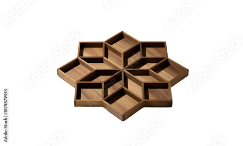 A wooden storage container with multiple small compartments arranged in a hexagonal pattern on transparent background