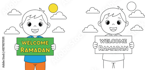 Coloring book page for kids, vector illustration of a cute cartoon Muslim boy holding a Welcome Ramadan sign, colorful and black and white outline for coloring activity
