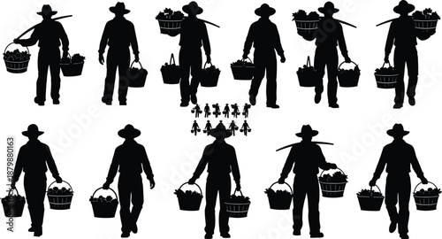 Farmer silhouettes carrying harvest baskets, rural agriculture workers collection, black vector illustration, farming activity poses, countryside lifestyle design set