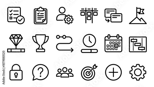 Vector line icon set of 20 icons about project management, tasks, Kanban board, milestones, timeline, blockers, productivity, success, management tools, and teamwork symbols