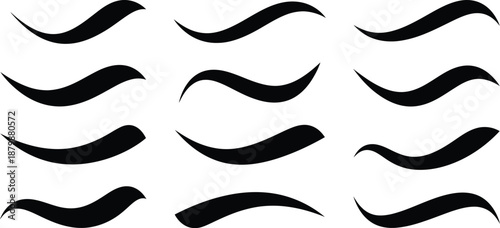 Elegant black curved wave strokes and flowing brush flourishes for sophisticated graphic design and calligraphy