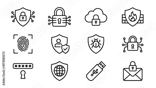 Cyber security line icons set with shield locks, padlocks, firewall, fingerprint, password, cloud protection, malware, USB and secure communication symbols in minimal outline style on white background