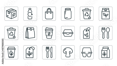 Eco friendly packaging line icons set. Minimalistic vector collection of recyclable materials, sustainable food containers, reusable bags, coffee cups, organic labels, zero waste concept