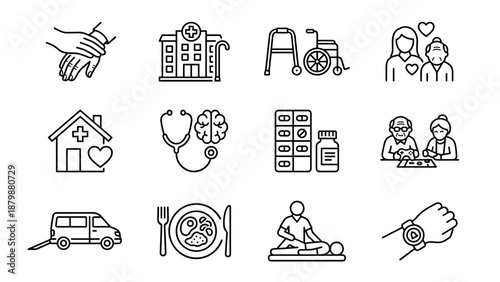 Elderly care line icons. Senior assistance nursing home. Medical health retirement. Caregiver support mobility aid wheelchair. Disability home care. Geriatric medicine. Hospice.