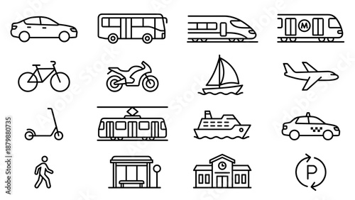 Transportation line icons set. Public transport collection. Car bus train bicycle boat plane taxi. Urban city travel commute symbols. Mobility logistics outline vector graphic art.