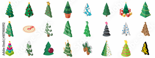 Isometric Christmas Tree Icons Set: A Diverse Collection of Decorated, Modern, and Traditional Holiday Fir Trees and Festive Ornaments