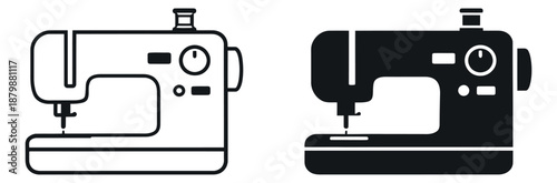 Minimalist sewing machine icon set featuring outline and solid versions for fashion design and tailoring