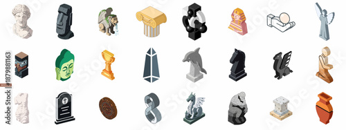 Isometric Set of Sculptures and Statues Icons Including Ancient Busts, Sphinx, Moai, Gargoyle, Buddha, and Abstract Art Figures.