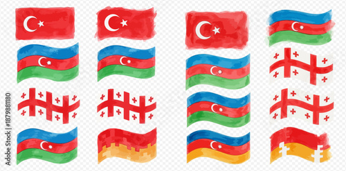 Watercolor flags of Turkey, Azerbaijan, and Georgia in various styles, representing national symbols and patriotism.