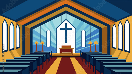 Serene church interior with stained glass windows Vector