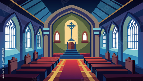 Serene church interior with arched windows Vector