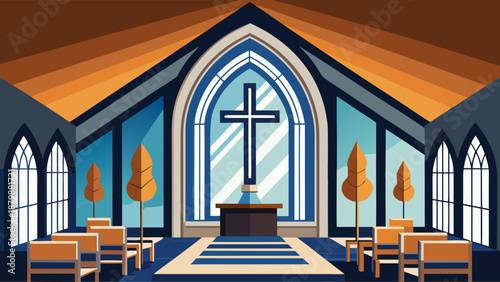 Serene church interior with stained glass Vector