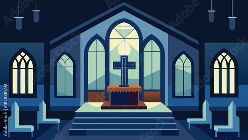 Serene church interior with stained glass windows Vector