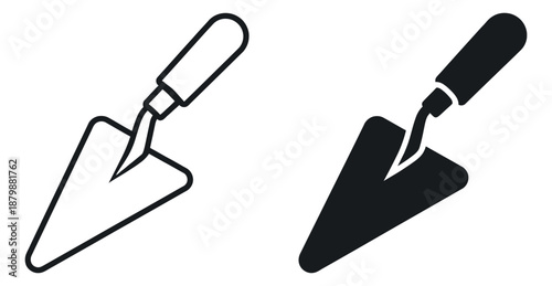 Line art and solid icon tool set featuring a hand trowel for construction and gardening