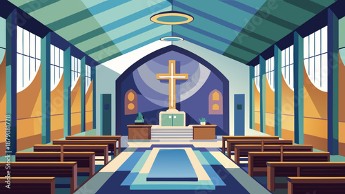 Serene church interior with stained glass windows Vector