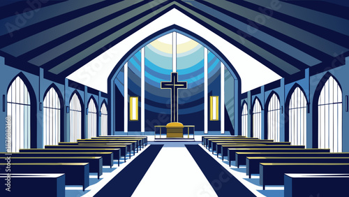 Serene church interior with high ceilings Vector