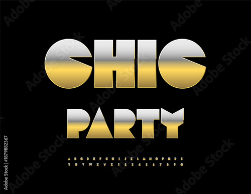 Vector Golden emblem Chic Party. Big Amazing 3D Font. Chic set of Luxury Alphabet Letters and Numbers.
