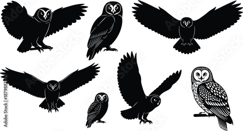 Black Owl Silhouette Vector Set Featuring Flying and Perched Owls with Detailed Feather Patterns Isolated on White Background for Nocturnal Wildlife Graphic Design Projects