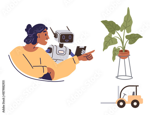 Artificial intelligence, agriculture, sustainability, innovation, robotics, teamwork. A woman interacting with a robot next to a forklift and a potted plant. Artificial intelligence and agriculture