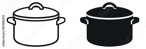 Modern cooking pot icon set featuring line art and solid versions for kitchen and culinary designs