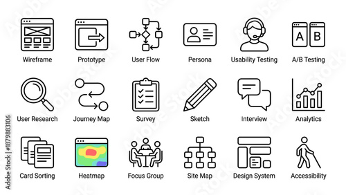 UX design line icons set. User experience symbols. Wireframe prototype user flow persona usability testing. Interface development web app signs. Vector outline graphic elements.