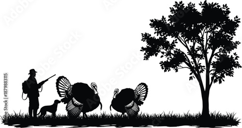 Black Silhouette of Turkey Hunter with Shotgun and Hunting Dog Tracking Wild Turkeys in Grass Field Near Tree Isolated on White for Outdoor Sports
