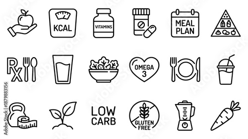 Nutrition and diet line icons set. Healthy eating, weight loss symbols. Meal plan, vitamins, supplements, calories. Fitness, gluten free, low carb, organic, wellness, healthcare.