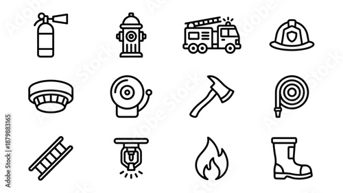 Firefighter and fire safety line icons set. Minimalist vector equipment. Extinguisher, hydrant, truck, helmet, alarm, axe, hose. Emergency rescue tools. Outline symbols. Protection.