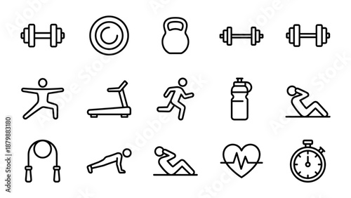 Fitness and gym workout line icons set. Minimalist vector sport training equipment symbols. Health exercise and cardio signs. Dumbbell weight running yoga stopwatch collection.