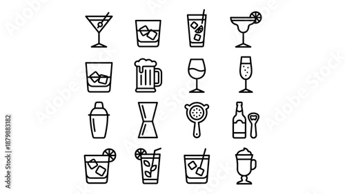 Set of 16 cocktail and bar drink line icons. Minimalist vector style with uniform stroke width. Bartender tools, beer, wine, and cocktail glass symbols in clean organized grid layout