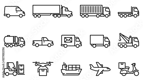 Set of 15 logistics and delivery truck line icons. Minimalist transport vector pack with cargo van, container truck, forklift, airplane, drone, ship, and pickup outline symbols. Clean stroke design