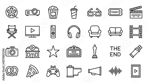 Cinema and movie night line icons set. Minimalist style film, popcorn, ticket, projector, camera, clapperboard, director chair, Oscar, 3D glasses, remote, soda, and entertainment vector collection
