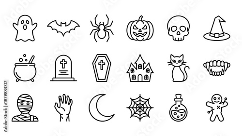 Halloween spooky icon set. Minimalistic line style ghost, bat, spider, pumpkin, skull, witch hat, haunted house, coffin, tombstone, black cat, cauldron, moon, web, and voodoo doll vector illustration.