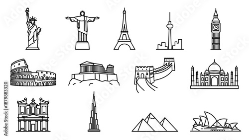 Famous world landmarks line icons set. Minimalistic outline style vector of global monuments including Eiffel Tower, Statue of Liberty, Big Ben, Taj Mahal, Great Wall, Colosseum, Burj Khalifa.