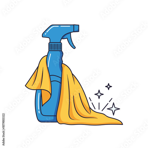 Cleaning supply bottle with cloth and sparkles beside it in a simple illustration style