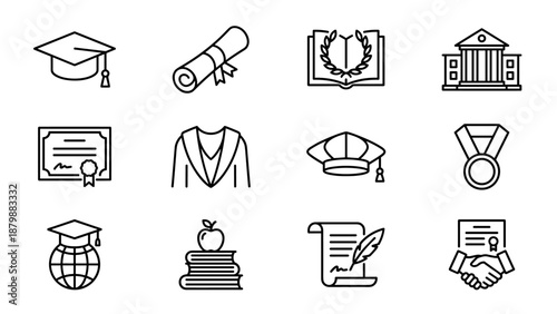 Graduation and academic degrees line icons set. Minimalist vector illustration with diploma, cap, gown, certificate, medal, university building, global education, learning, and achievement symbols.