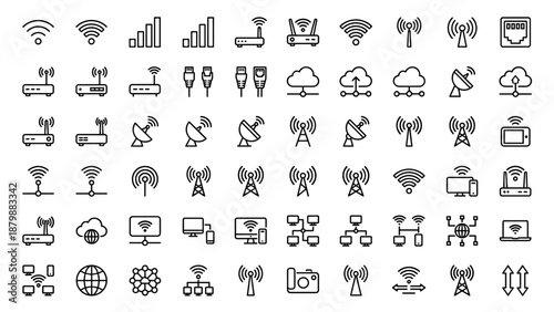 Network connectivity and WiFi line icons set. Minimalist outline vector of internet signal, router, cloud storage, satellite dish, and communication technology symbols on white background.