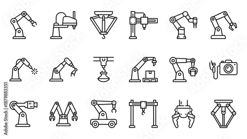Industrial robotic arms line icon set. Automation technology, mechanical manufacturing, factory production robot, assembly line equipment. Minimalistic vector collection on white background.